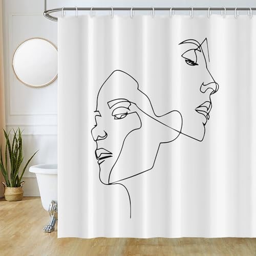 Uiiooazy Duschvorhang 180x220cm, Duschvorhang Anti Schimmel Boho Style Abstrakt Gesichter Streifen Schwarz Duschvorhänge Stoff Waschbar Wasserdicht Polyester Bad Vorhang mit 12 Haken für Badezimmer