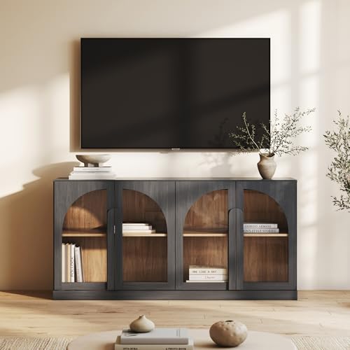 Image of BELLEZE Bijou 64 inch Arched Glass Door Sideboard, Accent Buffet Cabinet with Storage and Adjustable Shelves, Classic Modern Large Console Table for Dining Room Living Room Entryway - Ebony