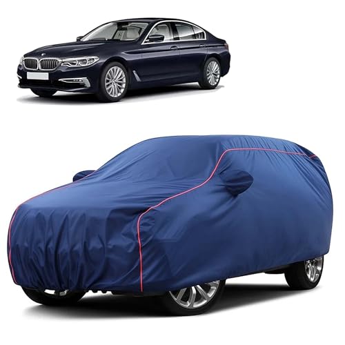 Image of Sulfar 100% Water Resistant Car Body Cover Compatible with Mirror for BMW 520D (Triple Stitched, Full Bottom Elastic, Blue Taffeta with Red Piping)