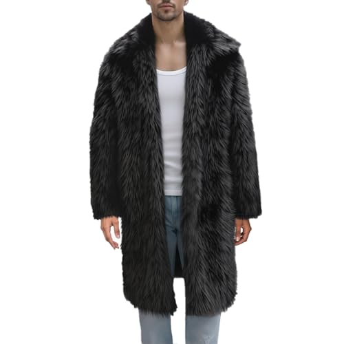Colf Mens Winter Long Sleeve Turn Collar Faux Fur Coat Outwear Long Parka Jacket Overcoat (Black Medium)