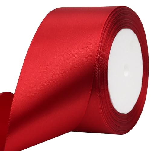 RIUNBB Deep red Solid Satin Ribbon 2 Inch 25 Yards Solid Polyester Fabric Ribbon for Gift Wrapping Wedding Christmas Baby Shower Birthday Party Decoration Handmade Immortal Flower Craft