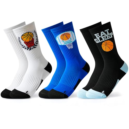 Moyel 3 Pair Youth Basketball Socks for Boys Athletic Crew Socks Basketball Gift for 8-12 Years Old Boys Teen Kids Cool Sports Stuff Accessories