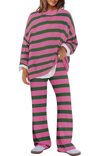 Panadila Womens Oversized Lounge Sets Striped Sweater Set 2 Piece Pajama Set Long Sleeve Top and Pants with Pockets