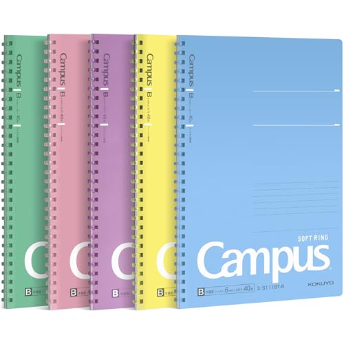 KOKUYO Spiral Lined Notebook, 5 Pack 10'' x 7'' Pastel Journal B5 Campus Soft Ring Notebooks with Dot 7 mm Ruled, 40 Sheets, 1 Subject Notebook, Note Taking for School. Japan Import (SU-S111AT)