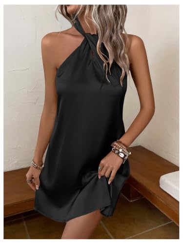 Image of Floerns Women's Pearl Beaded Halter Twist Sleeveless Tie Back Dress A Line Dress