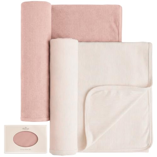 Image of Konssy Ribbed Knit Baby Blankets 2 Pack, Stretchy Lightweight Swaddle Blanket for Boys & Girls, Soft Cozy Receiving Wrap for Newborns, Infants, & Toddlers, 33x42 Inch