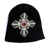 Black Knit Beanie Cap Rhinestone Cross Warm Beanie...