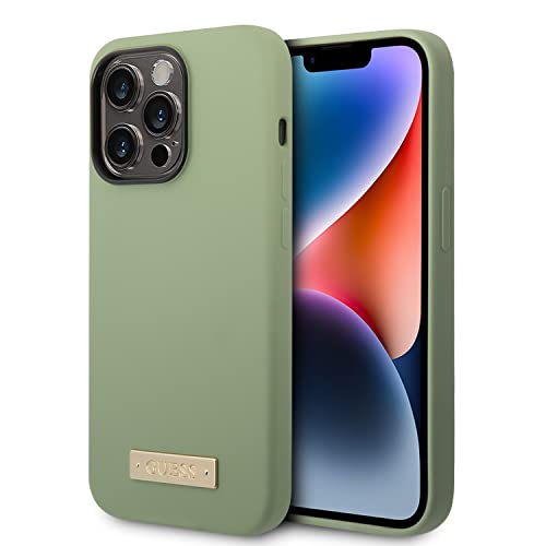 CG MOBILE Guess Coque en Silicone Compatible avec Magsafe avec Logo en Plaque métallique, Design élégant, résistant aux Rayures, aux Chocs Compatible avec iPhone 14 Pro Max (Kaki)