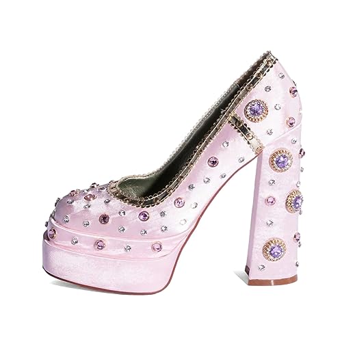 XYD Women's Vintage Bejeweled Diamonds Chunky Block High Heel Double Layered Platform Pumps Slip On Loafers Closed Round Toe Fancy Party Court Shoes2