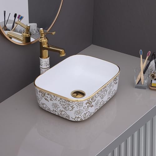 Image of LUXART Ceramic Vessel Sink, Countertop basin White with Gold Floral Art Pattern, 16 x 12 x 6 Inch Rectangular Shape Tabletop Wash Basin for Luxury Bathrooms