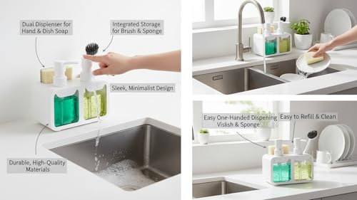 Image of Kitchen Sink Soap Dispenser Set - Dual Pump for Hand & Dish Soap, Sponge & Brush Holder, Refillable Sink Organizer (White)
