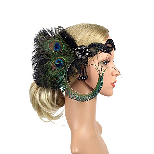 JISEN 1920s Flapper Vintage Peacock Feather Gatsby Beaded Tassel Headpiece Green