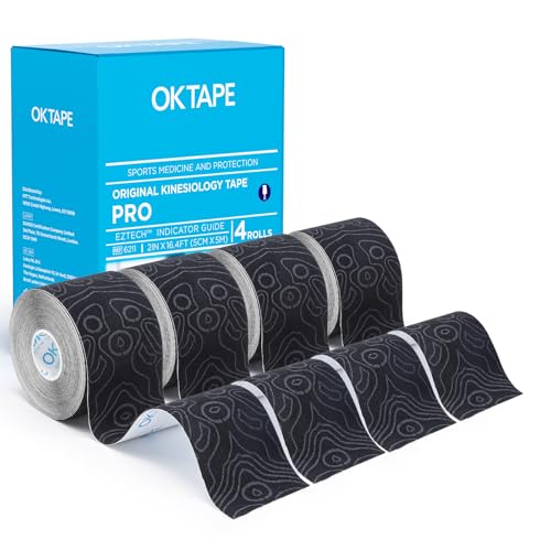 OK TAPE PRO Kinesiology Tape Uncut Roll, Elastic Physical Therapy Athletic Tape for Pain Relief, Muscle Support, Kinetic Tape, Water Resistant, 2in X 16.4ft -Black 4 Pack