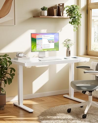 Image of Marsail Glass Standing Desk with Drawer, 47.24 inch Electric Standing Desk, Height Adjustable Desk with One-Piece Tabletop & USB Charging Ports, Sit Stand Desk with Storage for Home & Office White