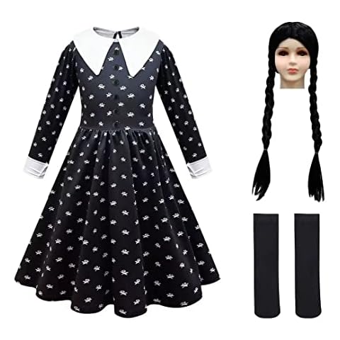 Tangsenyu Wednesday Addams Costume for Kids Girls Halloween Costumes Party Outfit with Wig and Socks Cover