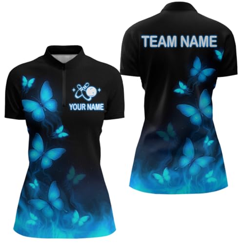 Blue Butterflies Bowling Shirts for Women Men Team Bowling Jerseys Custom Bowling Polo Shirts & Bowling Quarter Zip Shirts