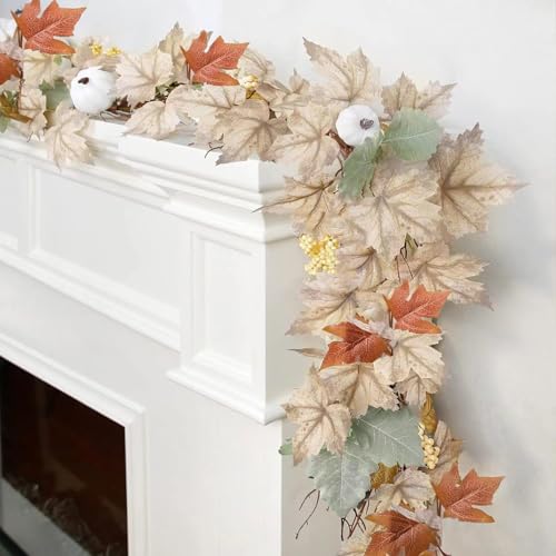 Ghirlanda di foglie d'acero artificiali autunnali per Halloween, 1,8 m, ghirlanda autunnale da appendere, per casa, esterni, matrimoni, feste, portico, decorazione (foglia d'acero e zucca 02)