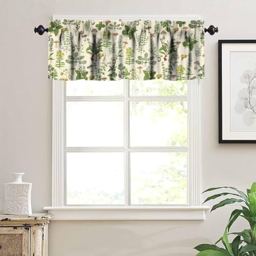 Janjcurt Vintage Botanical Valance Curtain, Antique 1900S Plants Herbs Mushroom Retro Wildflower Green Leaf Ferns Print Short Window Treatment For Farmhouse Kitchen thumb #2
