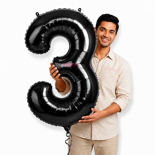 Image of Balloonistics Black 40-Inch Foil Number 3 Balloon - Helium or Air Fill for 3rd Birthday, Anniversary Party Decoration, Photo Booth Backdrop, Cake Table Decor