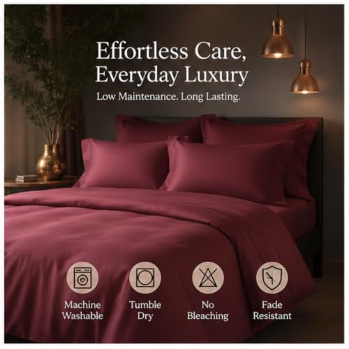 Image of Egyptian Cotton Feel Double Size Flat Bedsheet with 2 Pillow Covers | 800 TC Soft & Breathable | Burgundy Solid Pattern for Bedrooms and Hotels Use (Size: 60 x 100 Inch)