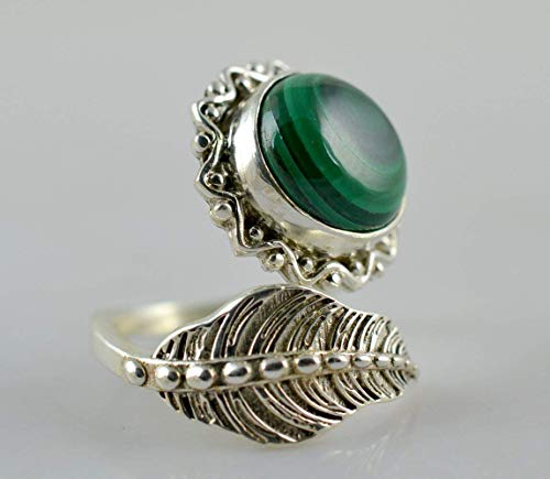 Navya Craft Malachite Round 925 Sterling Silver Handmade Statement Women Adjustable Leaf Ring, Green Gemstone Ring For Christmas Anniversary Birthday Valentine Day Gift Wife Her Mother #TOP2