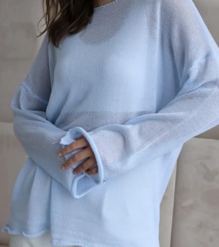 Image of Sweters for Women, Womens Sweater, O-Neck Solid Color See Through Pullover Jumper Shirt Beach