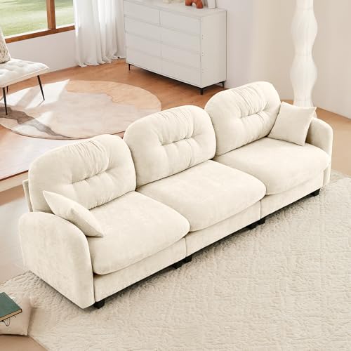 Image of KEIKI 107 inch Oversized Chenille Modular Sectional Sofa with High-Density Foam Cushion and Tufted Pleated Cushion Backrest, Upholstered Modern 3-Seater Cloud Couch with 2 Pillow, for Living Room, Beige