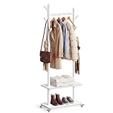 VASAGLE Garderobenständer, Kleiderständer, 7 Haken, 2 Ablagen, 4 drehbare und abnehmbare Rollen, Haken und Stange aus Massivholz, Flur, Schlafzimmer, Wohnzimmer, wolkenweiß RCR053WH01