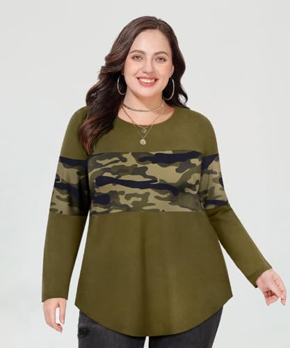 Image of CARCOS Plus Size Tops for Women Color Block Flower /Striped /Camo Crew Neck Long Sleeve Tee Shirt