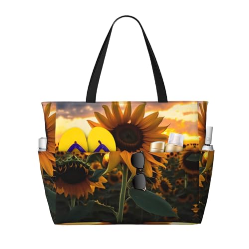 Farm Sunflower Print Large Capacity Beach Tote Bag for Women, Waterproof Beach Travel Bag