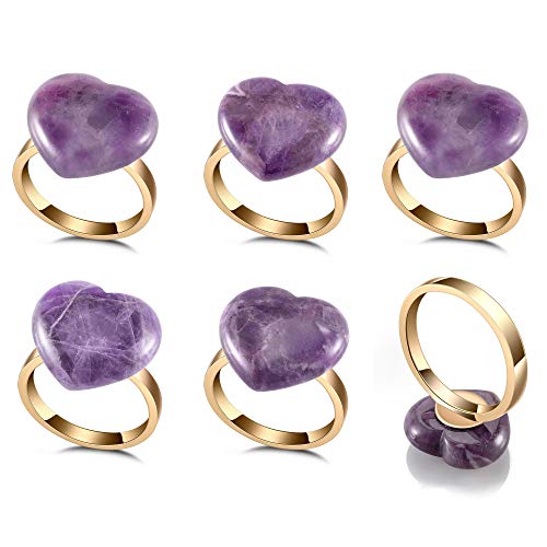 Warmhut Set Of 6 Napkin Rings, Elegant Natural Amethyst Crystal Stone Heart Shaped Napkin Ring Holders With Gold Ring For Valentine’s Day Wedding Dinner Parties, Purple #TOP23