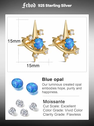 Blue Opal Round Moissanite Star Earrings, Solid 925 Sterling Silver with Gold/White Gold Plated Space Stud Earring, Galaxy Planet Space Earrings for Her/Him, Birthday Christmas Anniversary Jewelry3