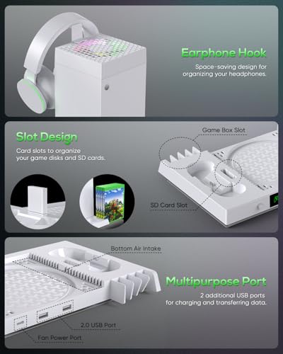 Auto Cooling Fan and Charge Stand Accessories for Xbox Series X Console with 15 Light Modes, Wireless Dual Charger Dock for XSX Controller, 2* Rechargeable Batteries, Headset Stand & Game Disc Storage (White)