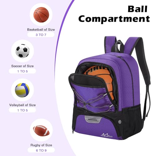MoKo Mochila Bolsa de Fútbol, Mochila de Baloncesto para Hombres y Mujeres con Compartimentos Separados para Balón y Zapatillas, Bolsa de Equipamiento Deportivo para Ropa, Tablets, Portátiles, Morado - imagen 3