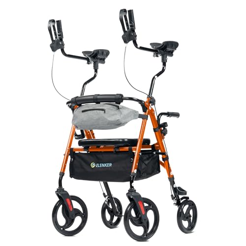 ELENKER Upright Rollator Walker Stand Up Walkers for Seniors with Armrest Front Pouch 10Wheels Sponge Padded Seat and Backrest Fully Adjustment Frame Orange