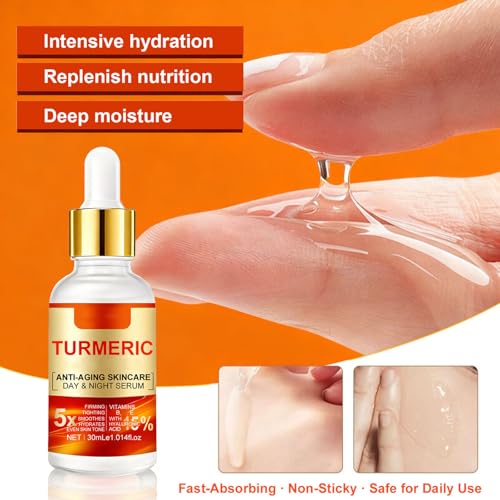 Grospe 2PC Turmeric Face Serum for Women, Turmeric Face Essence Day-Night Anti Aging Facial Serum with 15% Hyaluronic Acid for Firming Tighting Smoothes Hydrating Even Skin Tone 1.014 Oz *2