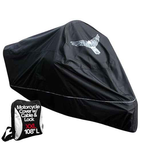 Premium Motorcycle Cover, Fits up to 108" Length Large Cruiser, Tourer, Chopper. Includes Cable & Lock - Eagle Logo