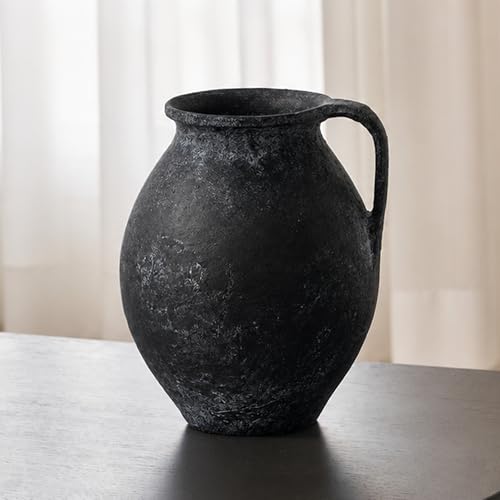 LB2 Black Ceramic Large Vase, 11.2" Tall Zen Style Vase, Terra Cotta Pitcher, Distressed Farmhouse Decor, Pottery Decorative Flower for Home Decor (D - Black 11.2")