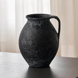 LB2 Black Ceramic Large Vase, 11.2″ Tall Zen Style Vase, Terra Cotta Pitcher, Distressed Farmhouse Decor, Pottery Decorative Flower for Home Decor (D – Black 11.2″)
