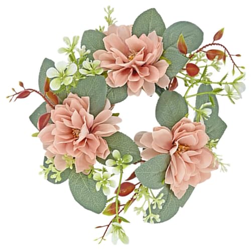 Floral Candle Rings Wreaths Christmas Candle Holder Rings Faux Twigs Wreath Mini Window Mirror Wreaths Flower Candle Garland for Christmas Table Decoration (Pink)