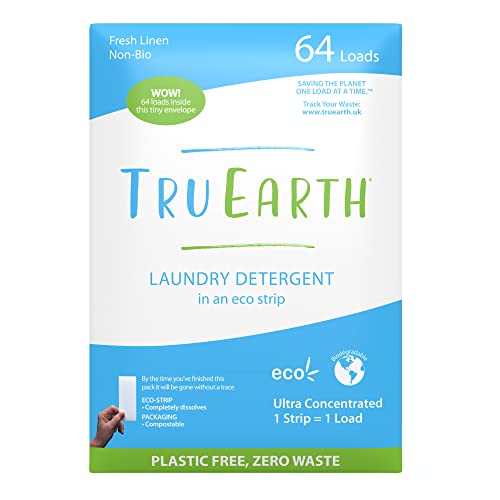 Tru Earth Compact Dry Laundry Detergent - Up to 128 Loads (64 Sheets) - Paraben-Free - Original Eco-Strip Liquidless Detergent Travel - Fresh Linen | Packaging May Vary