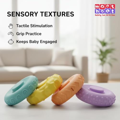 Image of Baby Sensory Toys - Ring Stacker with Animal Topper and 6 Soft Textured Rings for Teething, Stacking & Motor Skill Development, BPA-Free PVC, Multi-Colour, Gift for Babies 3-18 Months