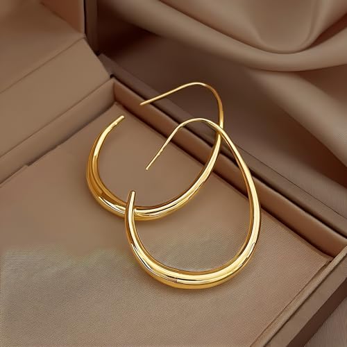 Gold silver Hoop Earrings for Women Lightweight Teardrop 18K Gold Plated Large and Small Oval Pull Through Fluid Hoop Earrings Set, Chunky Gold silver Statement Dangle Drop Earrings4