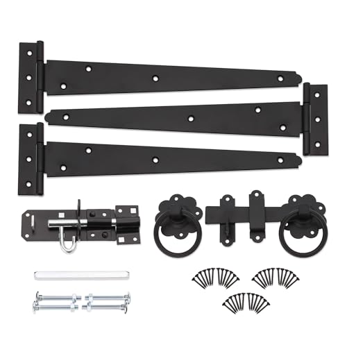 Infinity Decor Epoxy Black 12” Tee Hinges (3) with Plain Ring Gate Latch and Brenton Bolt Pack – Ideal for Garden Gate Fitting Kit for Barn, Shed Doors