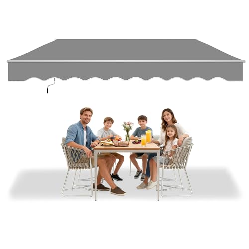 HENGMEI Auvent à bras articulés, protection solaire, store de terrasse escamotable en aluminium avec manivelle (300 x 250 cm, gris clair)