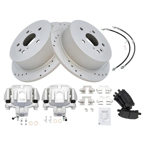 Image of TRQ Performance Rear Brake Pad and Rotor Set Semi Metallic Slotted Drilled Coated Rotors Calipers Compatible with 2004-2007 Toyota Highlander with All Wheel Drive