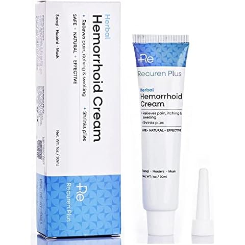 Recuren Plus Natural Herbal Hemorrhoid Cream with 4 Nozzles, Piles Treatment, Hemorrhoids Treatment, Shrinks Piles, Fast Relieves Itching, Bleeding, Swelling, Soothes Burning Discomfort 30g (1 Pack) Cover