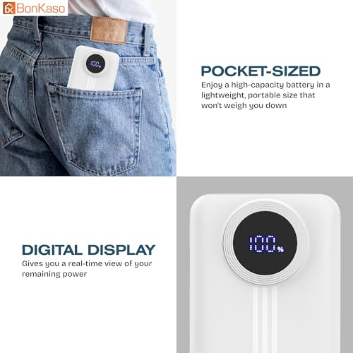 Image of BonKaso 10000mAh Power Bank 22.5W Fast Charging PD, Built-in 2-in-1 Type-C & Lightning Cable, Digital Display, Dual USB Output, Compact Portable Charger for iPhone, Android, Tablets - White