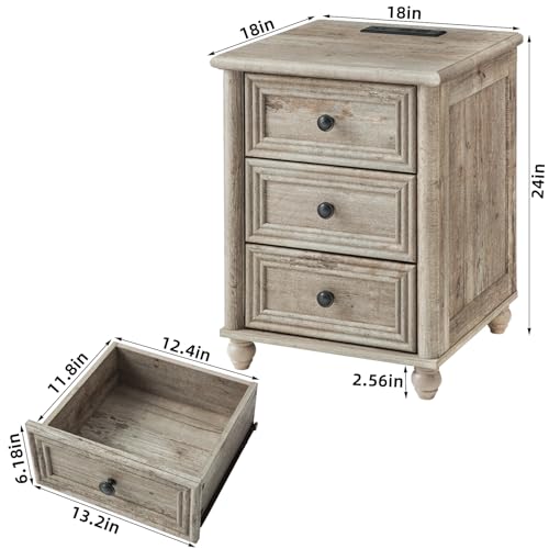 18" Farmhouse Night Stand Set 2 with Charger Station, Grey 2 & 3 Drawers Wood Nightstand, Bedside End Table with Storage and Roman Column, Bed Side Tables Cabinet for Bedroom, Living Room, and Closet
