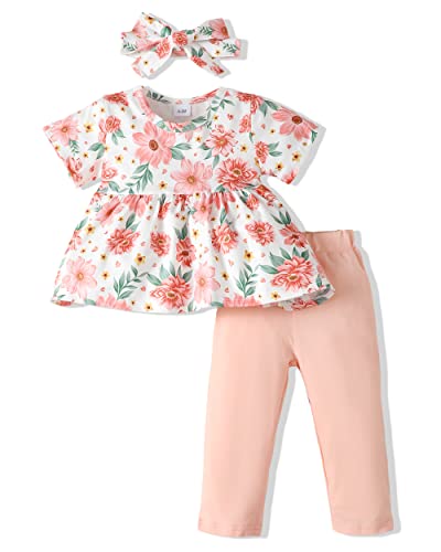 Renotemy Infant Baby Girl Outfit Summer Newborn Clothes Set Floral Tops Pants with Headband Cute Baby Clothes Girl 6-9 months